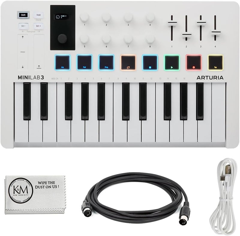 Arturia لوحة مفاتيح MIDI مدمجة MiniLab 3 ووحدة تحكم باد | حزمة بيضاء مع كابل MIDI بطول 6 أقدام + قطعة قماش تنظيف من الألياف الدقيقة (3 عناصر) - Image 1